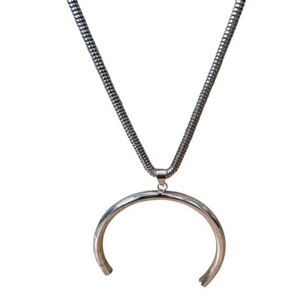 Alfani Silver Tone Metal Large Crescent Moon Horn Pendant Snake Chain Necklace